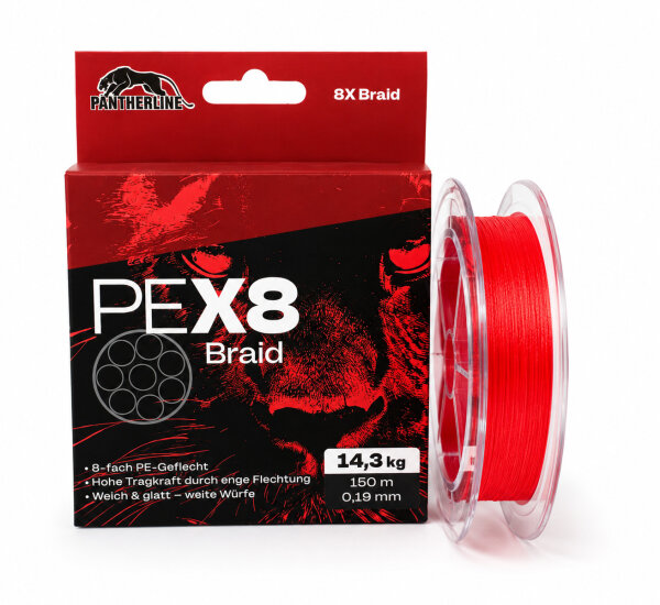 Pantherline Braid 8-fach geflochtene Angelschnur | 150m 0,19mm / 14,3kg  Rot