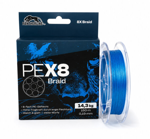 Pantherline Braid 8-fach geflochtene Angelschnur | 150m 0,08mm / 6,9kg Blau